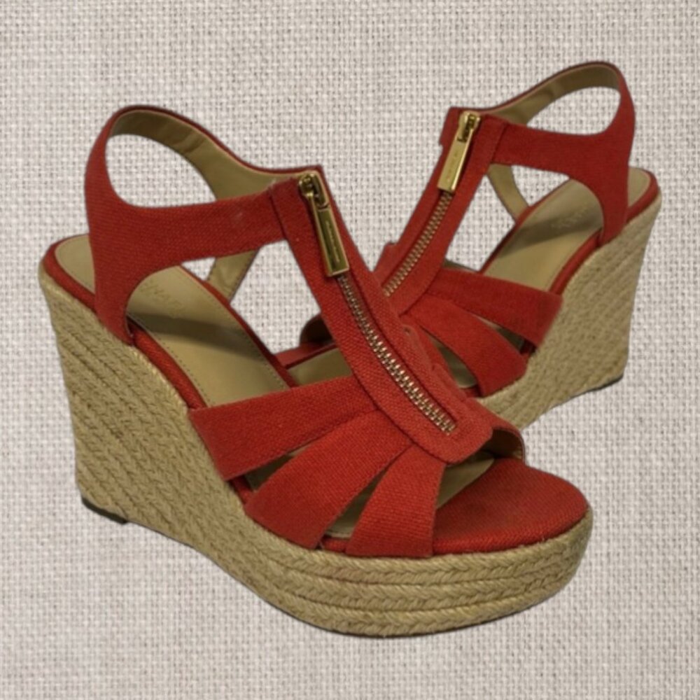 Michael Kors Berkley Espadrille Wedge Heels Red Tan Canvas w/Front Zipper 5.5M
